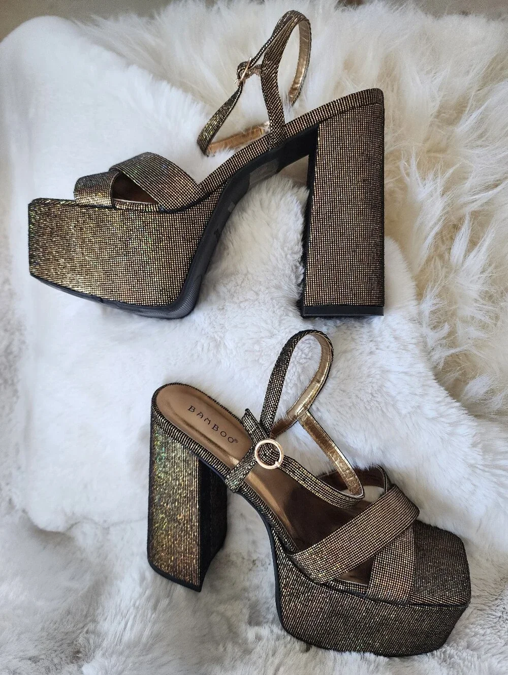 BAMBOO Gold Sparkle Platform Block Heel Sandals